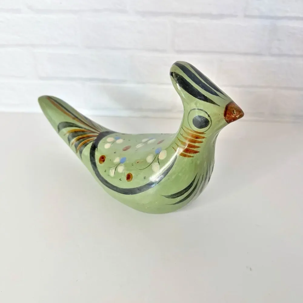 Vintage Tonala Bird Figurine Mexican Folk Art Pottery Green Floral